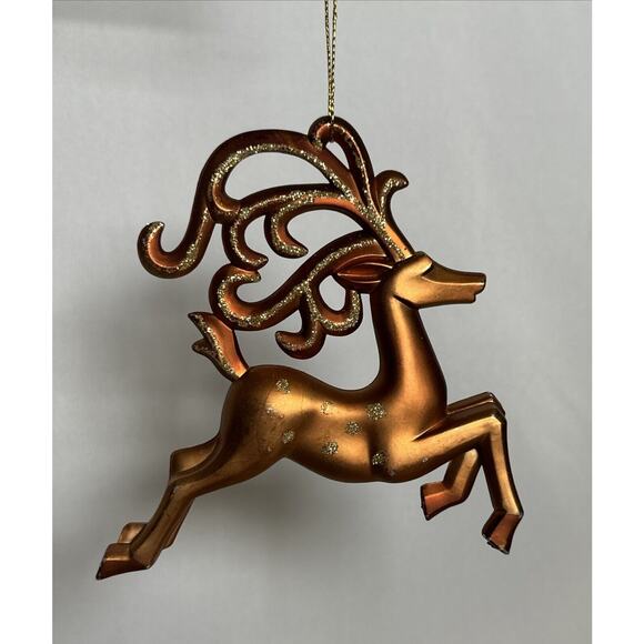 Vintage Plastic Gold Sparkle Flying Reindeer Christmas Tree Ornament - Picture 1 of 3